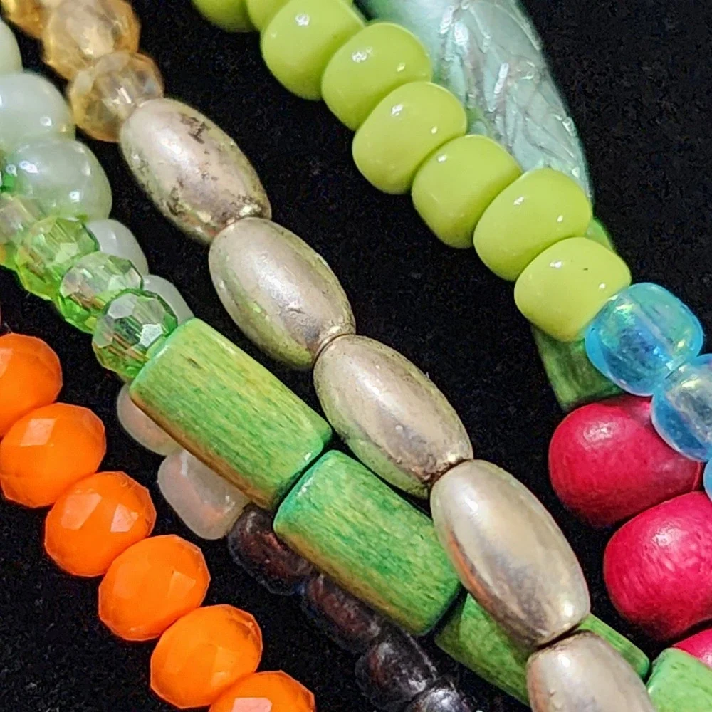Boho Multi Strand Beaded Necklace Colorful Glass Wood Layered Bib Statement